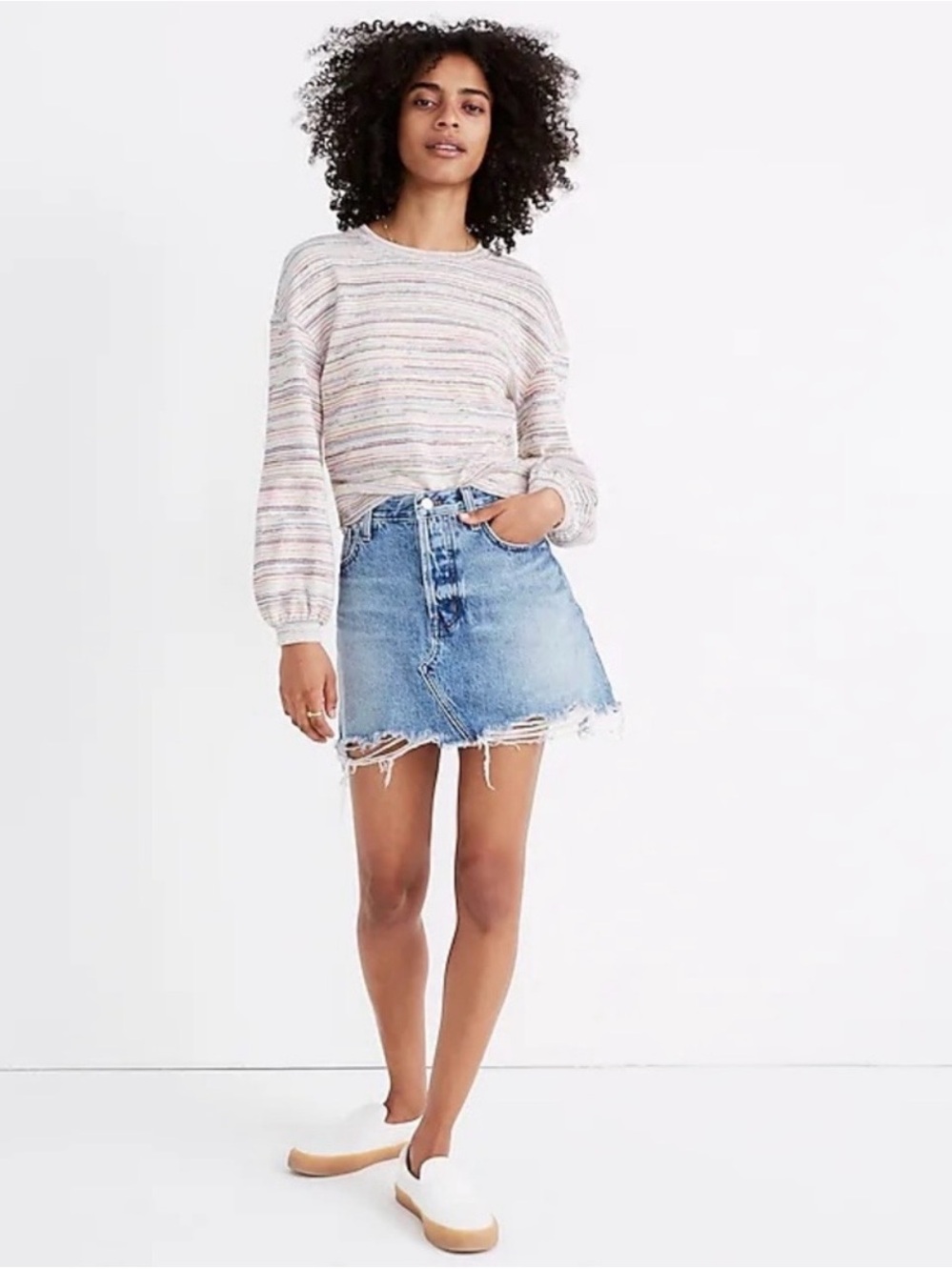 Madewell Bubble Sleeve Crop Top in Rainbow Apple Spice Stripe Size Small